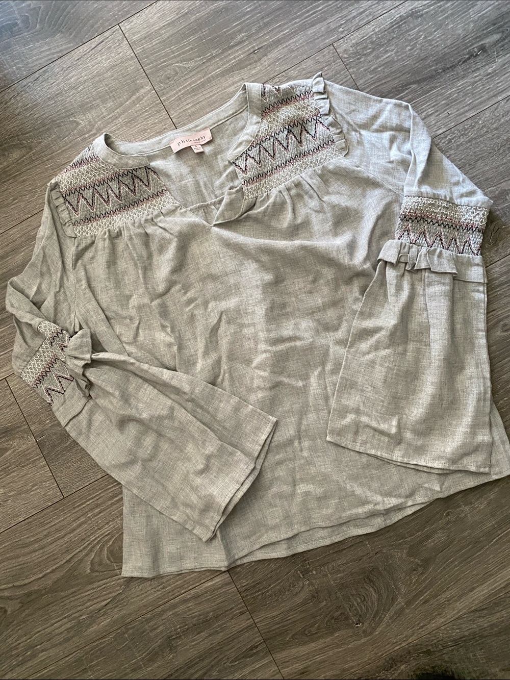 Philosophy Gray Smocked Peasant Top